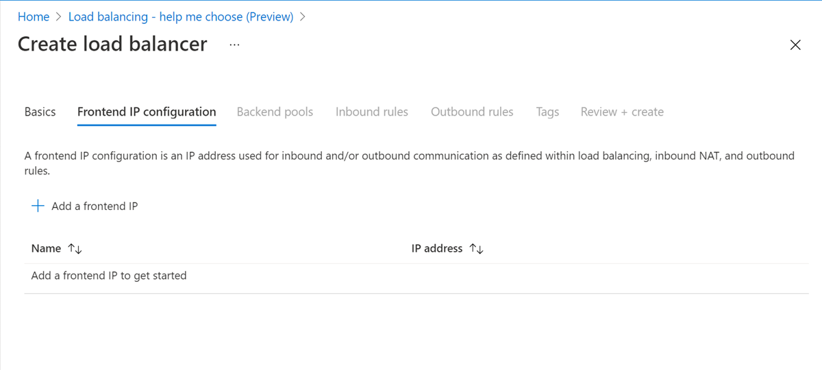 Screenshot of create frontend IP configuration.
