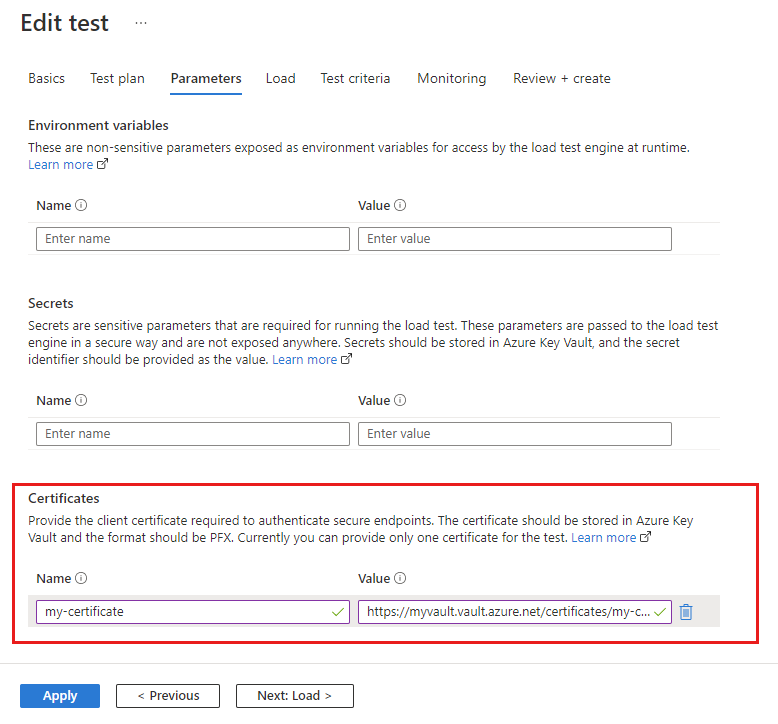 Azure Portal 부하 테스트에 인증서를 추가하는 방법을 보여 주는 스크린샷