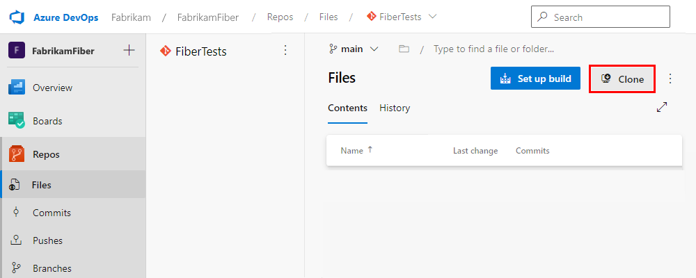 Azure DevOps 팀 프로젝트, Git 리포지토리 및 Clone이라는 선택된 옵션을 보여주는 스크린샷.
