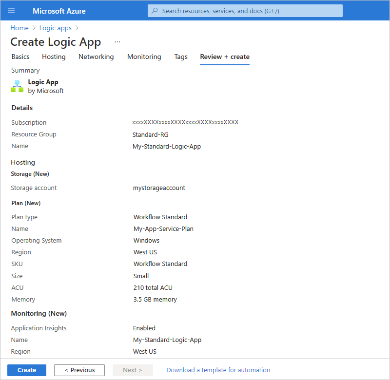 Azure Portal 및 새 논리 앱 리소스 설정을 보여 주는 스크린샷