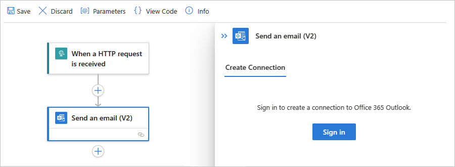 Screenshot showing the designer, the pane named Send an email (V2) with Sign in button.