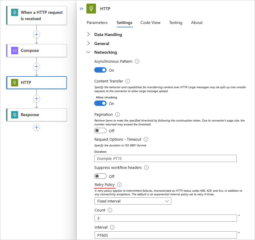 Screenshot shows Azure portal, Standard workflow, HTTP action selected, Settings tab, and retry policy.