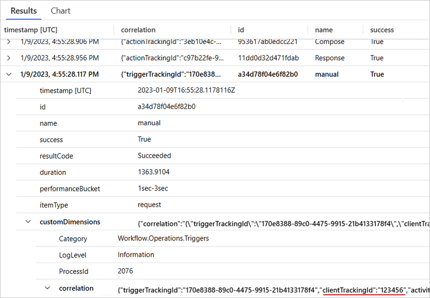 Screenshot shows query results using operation name and client tracking ID.