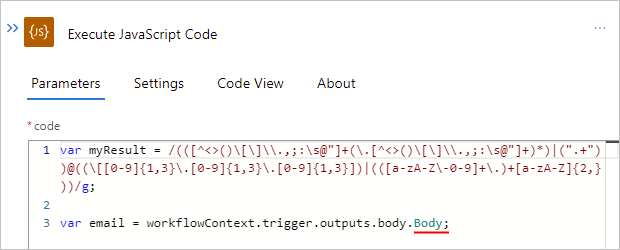 표준 논리 앱 워크플로, JavaScript Code 실행 작업 및 닫는 세미콜론을 사용하여 이름이 바뀐 Body 속성을 보여 주는 스크린샷