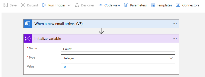 Screenshot shows Azure portal, Consumer workflow, and action named Initialize variable.