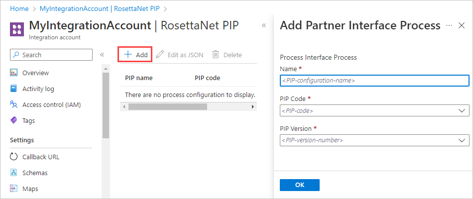 추가가 선택된 RosettaNet PIP 페이지의 스크린샷. 파트너 인터페이스 추가 프로세스 창에는 이름, 코드 및 버전에 대한 상자가 있습니다.