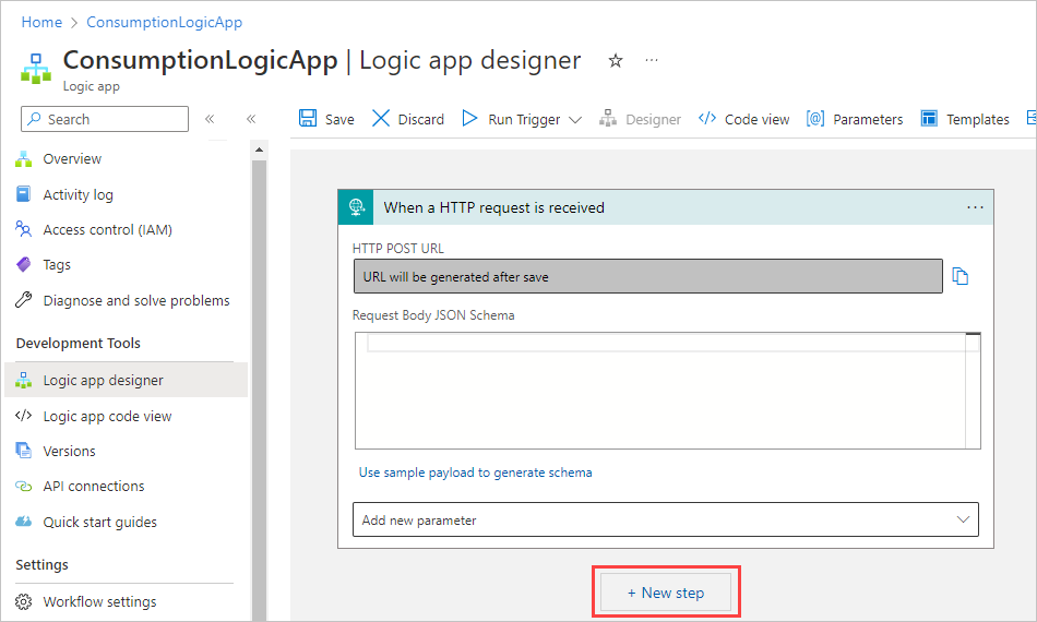 디자이너 스크린샷. 요청 트리거 아래에서 새 단계가 선택됩니다.