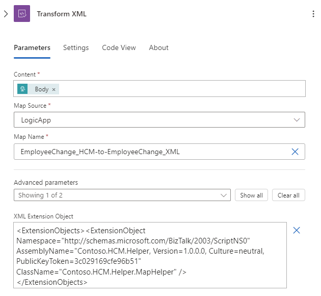 Screenshot shows Transform XML action with XML Extension Object parameter and value.