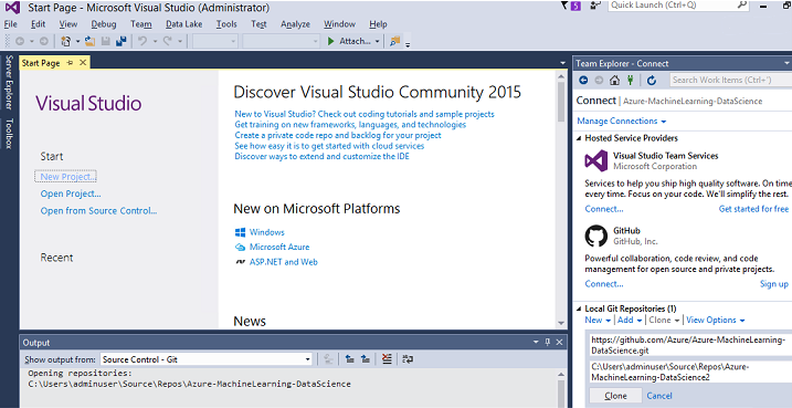 Screenshot of Visual Studio with the GitHub connection displayed