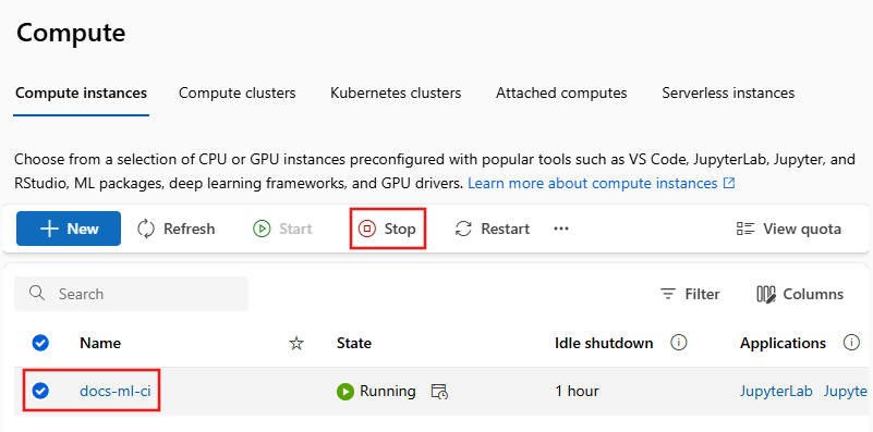 컴퓨팅 인스턴스의 중지 단추 스크린샷.