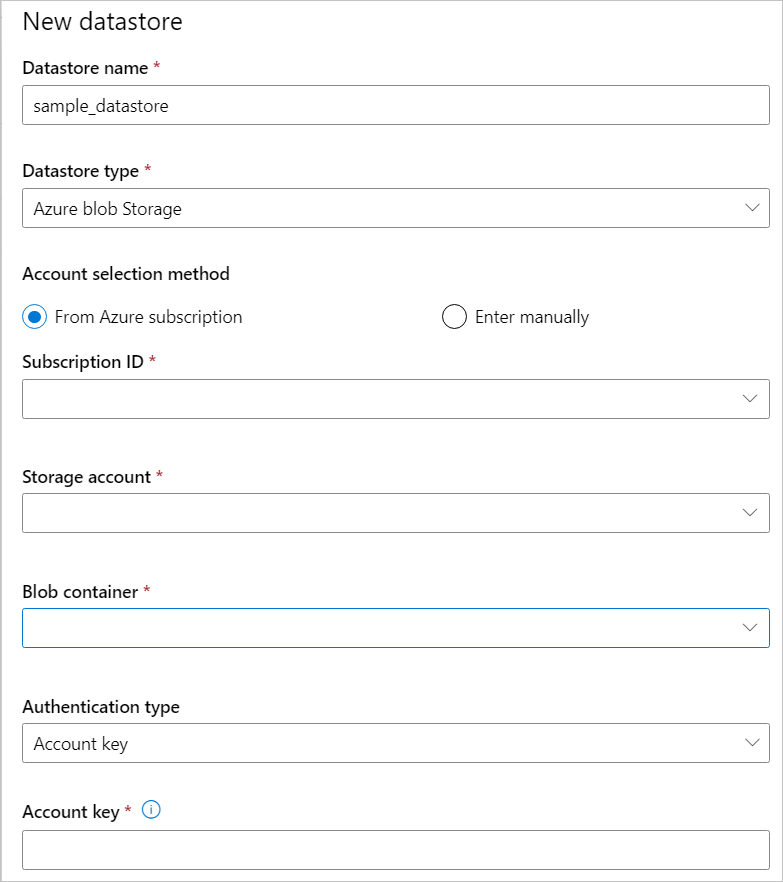Screenshot showing the Azure blob datastore creation panel.