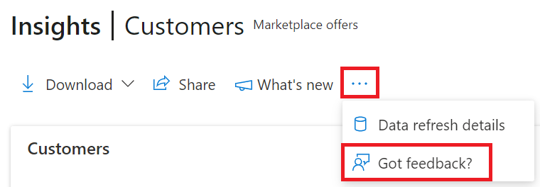 고객 대시보드의 인사이트 화면에 있는 피드백 메뉴 옵션을 보여 주는 스크린샷.