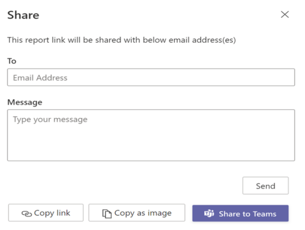 고객 대시보드의 인사이트 화면에서 공유 함수의 이메일 창 옵션을 보여 주는 스크린샷.