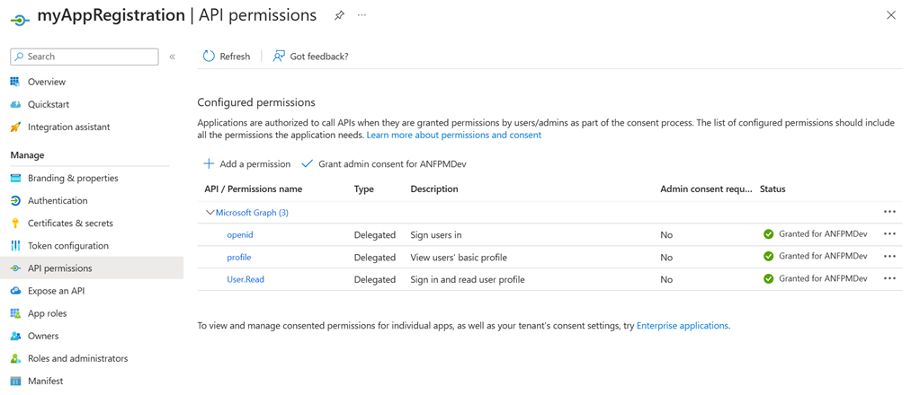 Screenshot to grant API permissions.