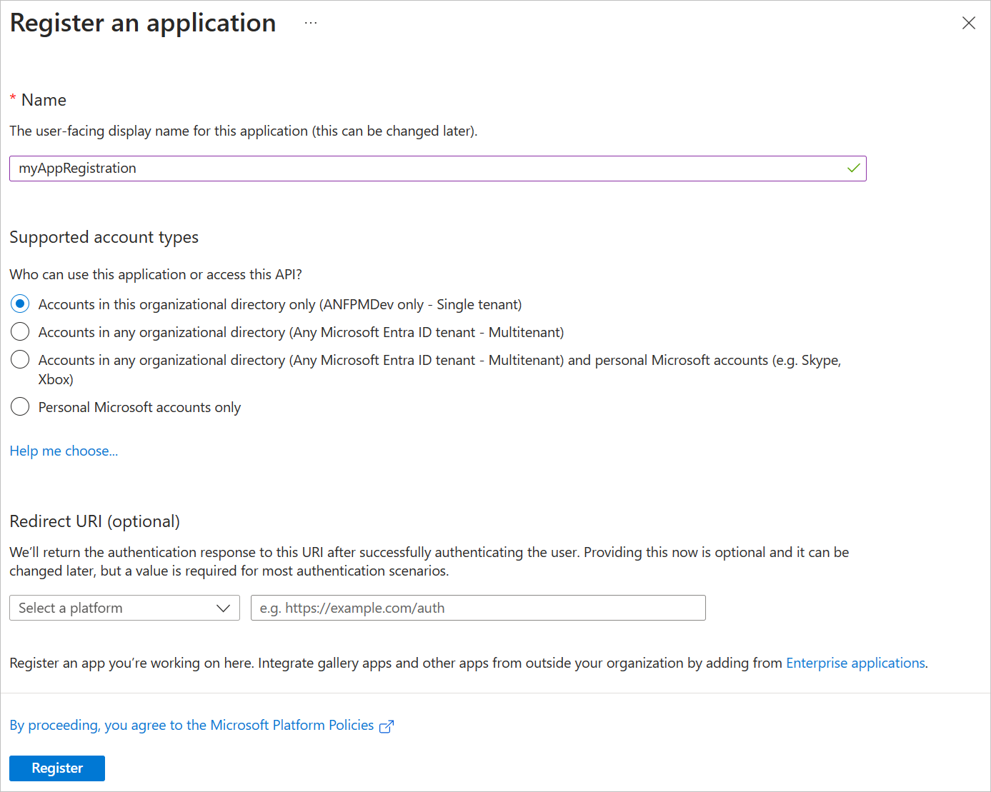 Screenshot to register application.