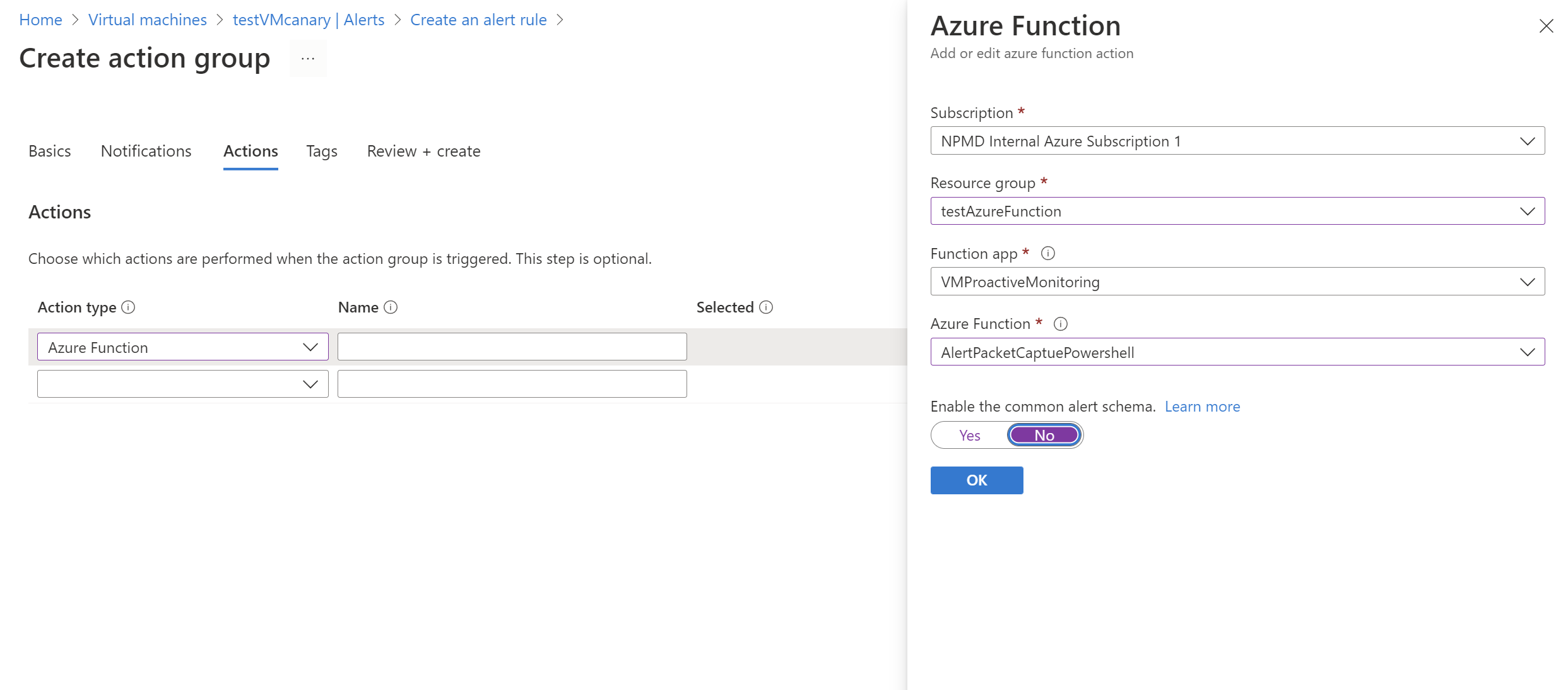 Screenshot of the page for creating an action group and the pane for details about an Azure function.
