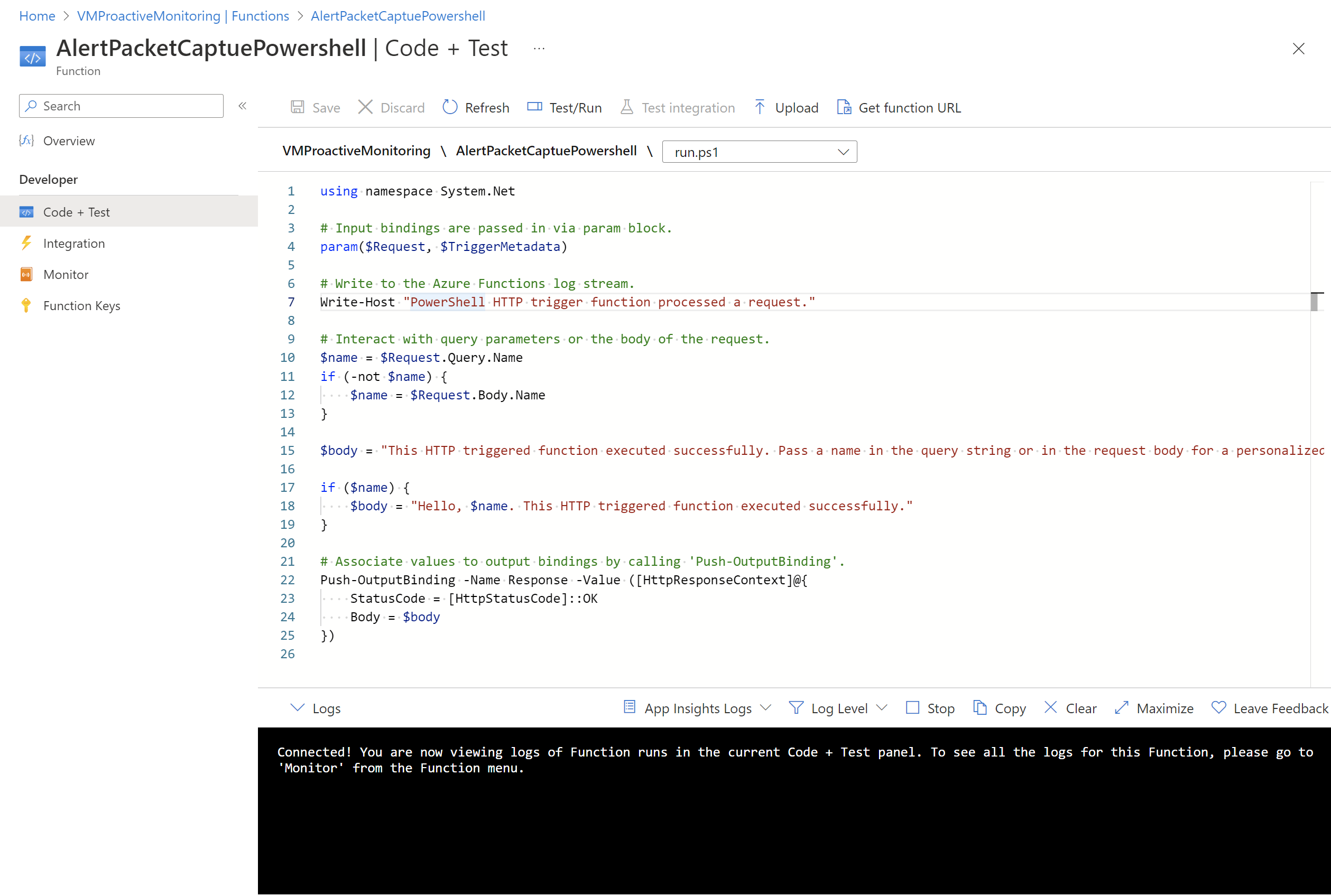 Screenshot of the Code + Test page for a function.