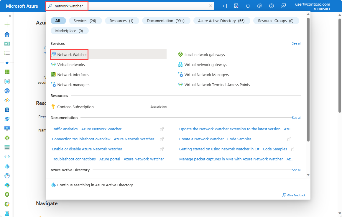 Azure Portal에서 Network Watcher를 검색하는 방법을 보여 주는 스크린샷.