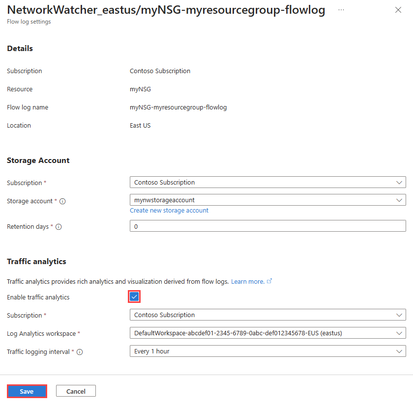 Azure Portal에서 기존 흐름 로그에 대한 트래픽 분석을 사용하지 않도록 설정하는 방법을 보여 주는 스크린샷