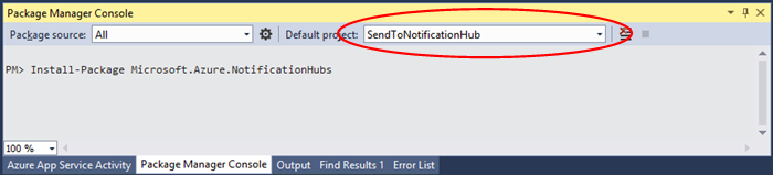 Screenshot of the Package Manager Console dialog box with the Send To Notification Hub option circled in red.