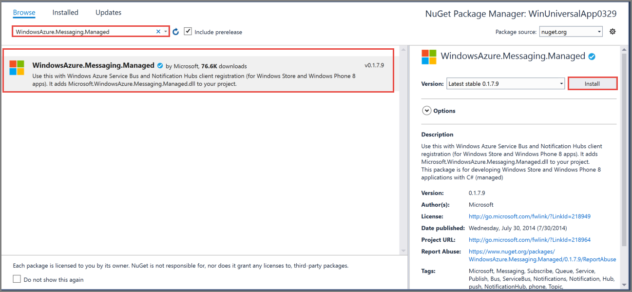 The Manage NuGet Packages window