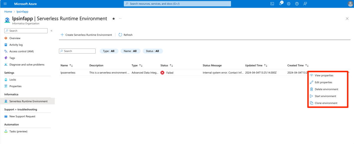 서버리스 런타임 환경을 관리하기 위한 작업 스크린샷.