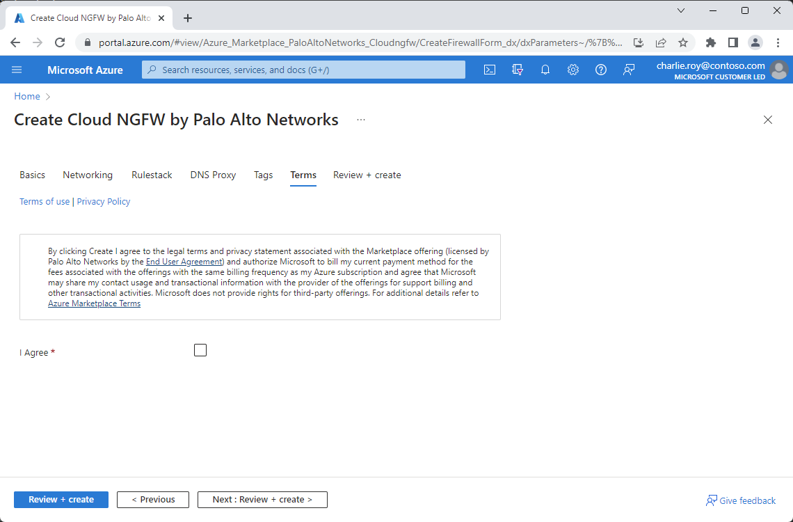 Screenshot showing the terms pane in the Palo Alto create experience.