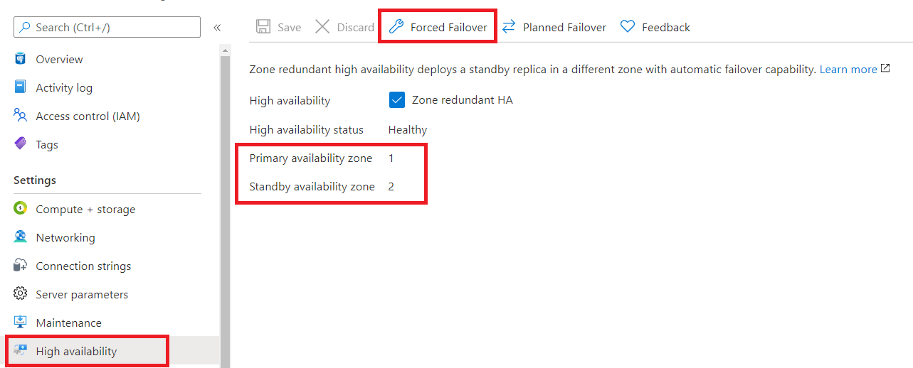 주문형 강제 장애 조치(failover) 옵션 스크린샷