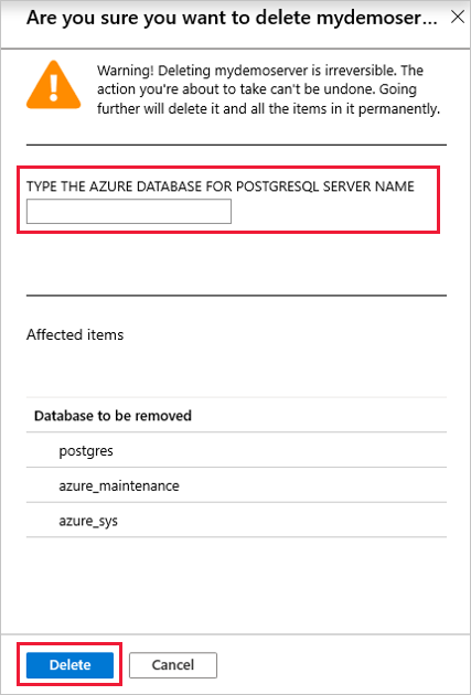Azure Database for PostgreSQL에서 서버 삭제를 확인하는 Azure Portal 스크린샷