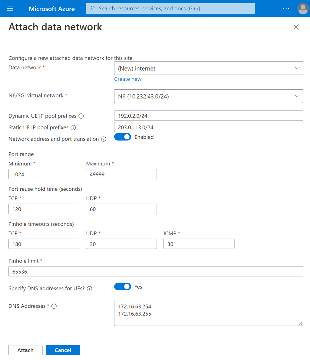 Screenshot of the Azure portal showing the Attach data network screen.
