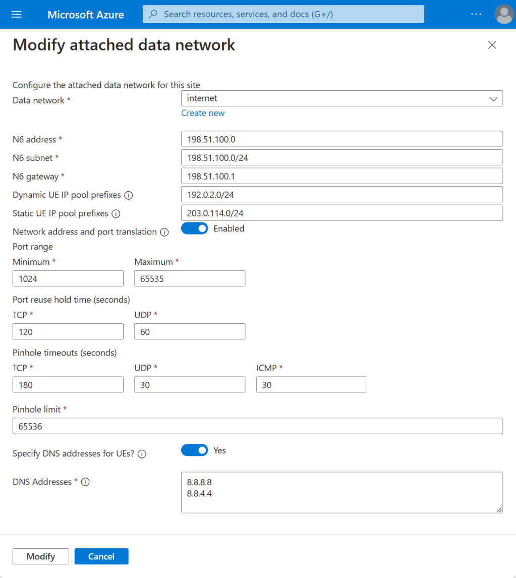 Screenshot of the Azure portal showing the Modify attached data network screen.