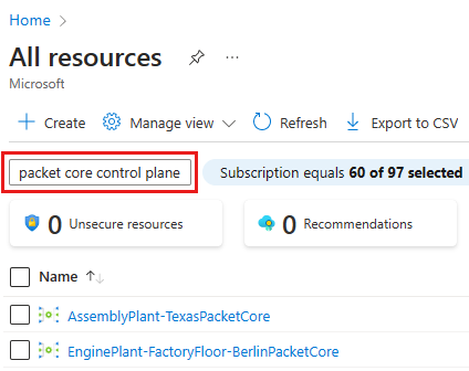 Packet Core 컨트롤 플레인 리소스만 표시하도록 필터링된 모든 리소스 페이지를 보여 주는 Azure Portal의 스크린샷.