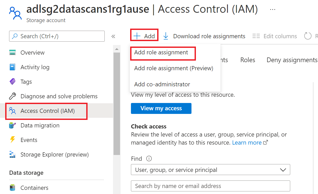 Azure Portal에서 Access Control 액세스하여 역할 할당을 추가하는 방법을 보여주는 스크린샷