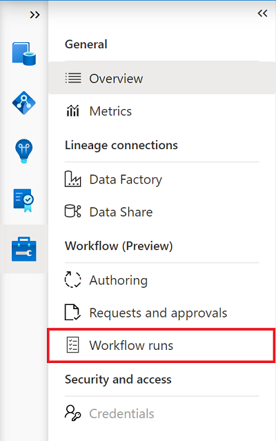 Microsoft Purview 거버넌스 포털의 관리 메뉴 스크린샷 워크플로 실행 탭이 강조 표시됩니다.