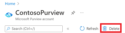 Azure Portal Microsoft Purview 계정 페이지의 삭제 단추가 선택되어 있습니다.