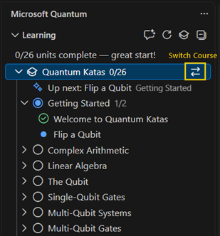 Visual Studio Code 확장된 과정 및 해당 단위를 Quantum Katas 보여 주는 스크린샷 노란색 상자가 코스 전환 아이콘을 강조 표시합니다.