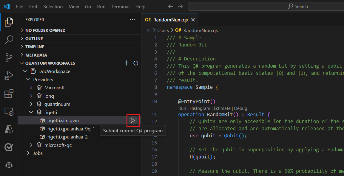 Rigetti 시뮬레이터target를 로 실행하는 방법을 보여 주는 Visual Studio Code 스크린샷