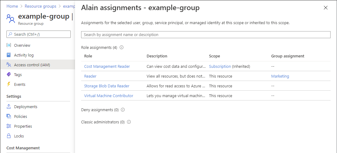 Screenshot of role and deny assignments pane for a user.