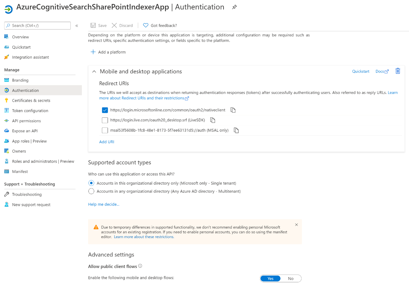 Microsoft Entra 앱 인증 구성을 보여 주는 스크린샷.