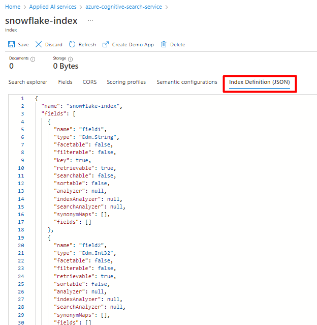 기존 Snowflake 인덱스에 대한 기존 Azure Cognitive Search 인덱스 JSON 구성을 복사하는 방법을 보여 주는 스크린샷.