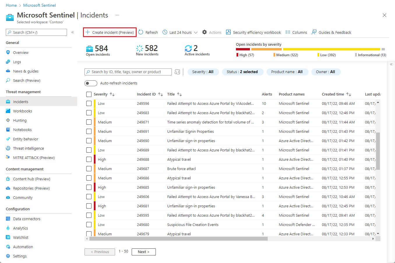 새 인시던트를 수동으로 만드는 단추를 찾는 주 인시던트 화면의 스크린샷.