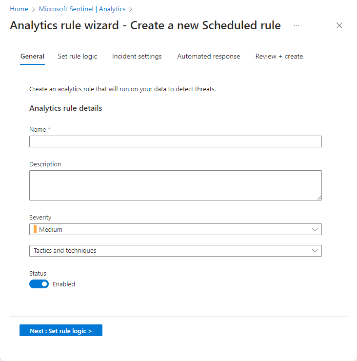 Microsoft Sentinel에서 새 규칙을 만들기 위한 분석 규칙 마법사를 보여 주는 스크린샷.