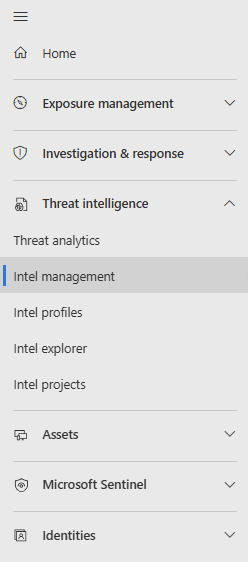 Defender 포털의 Intel 관리 메뉴 항목을 보여 주는 스크린샷
