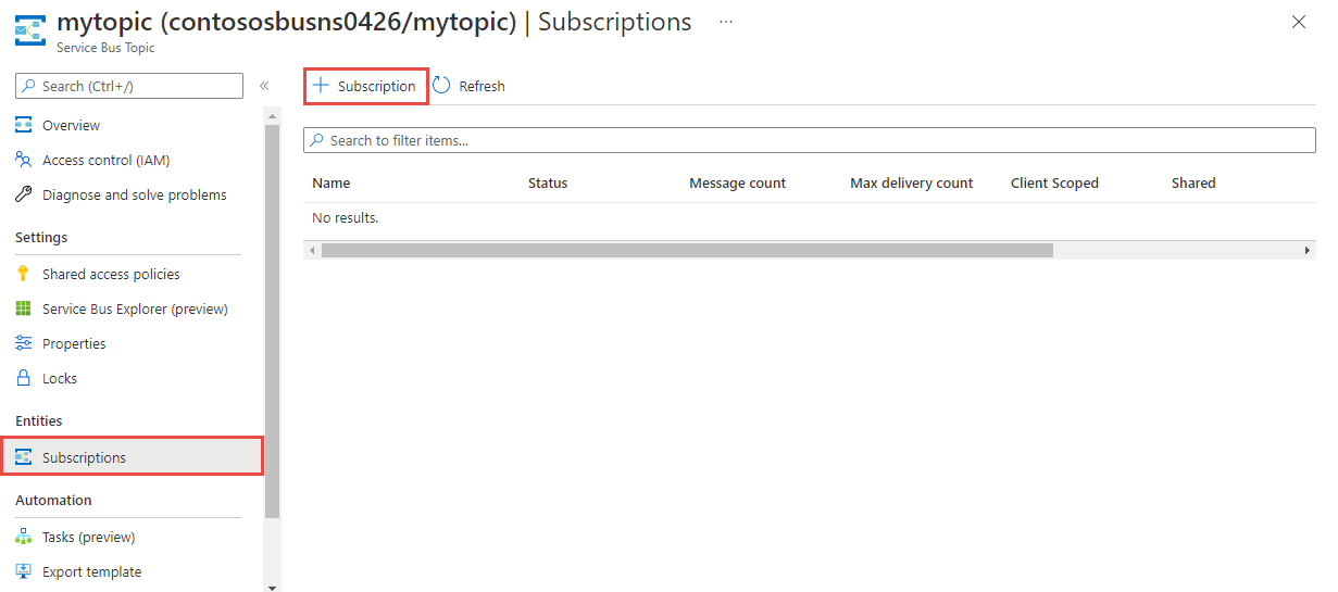 Screenshot of the Subscriptions page with the Add subscription button selected.