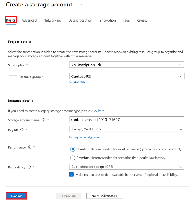 스토리지 계정 만들기 옵션의 예를 보여 주는 스크린샷