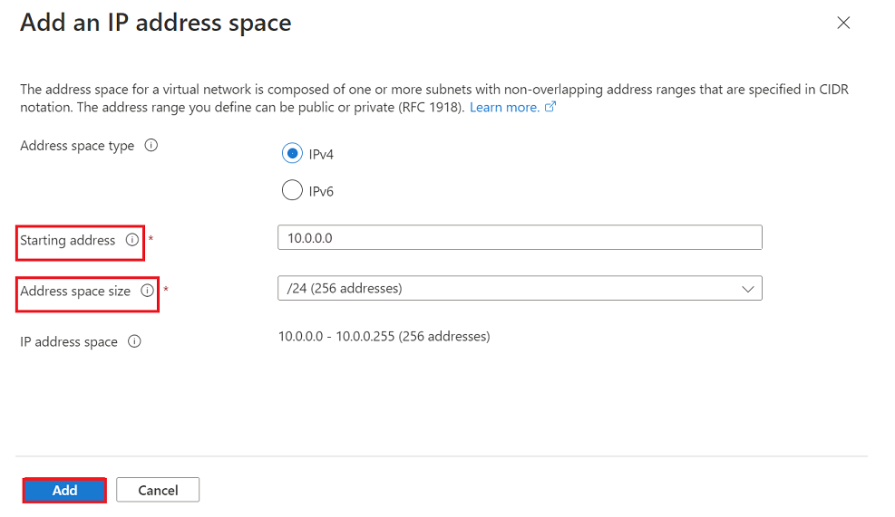 Screenshot of selections for adding an IP address space for a virtual network.