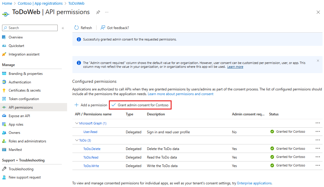 웹 애플리케이션의 API 권한을 보여주는 Azure Portal의 스크린샷.