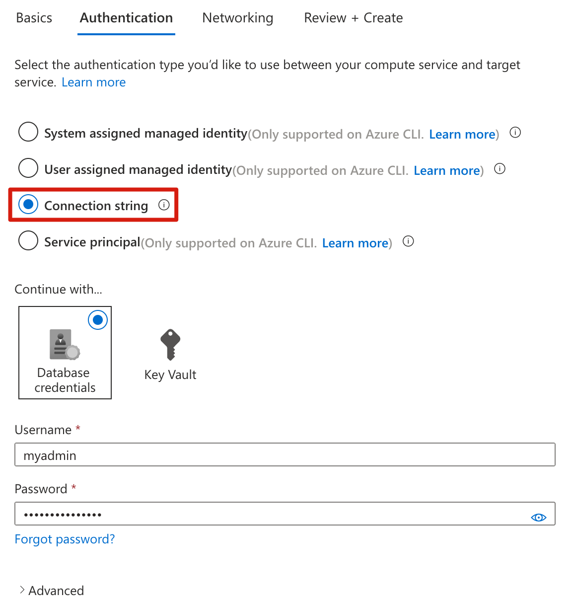 연결 문자열 옵션이 강조 표시된 연결 만들기 창의 인증 탭을 보여 주는 Azure Portal의 스크린샷.