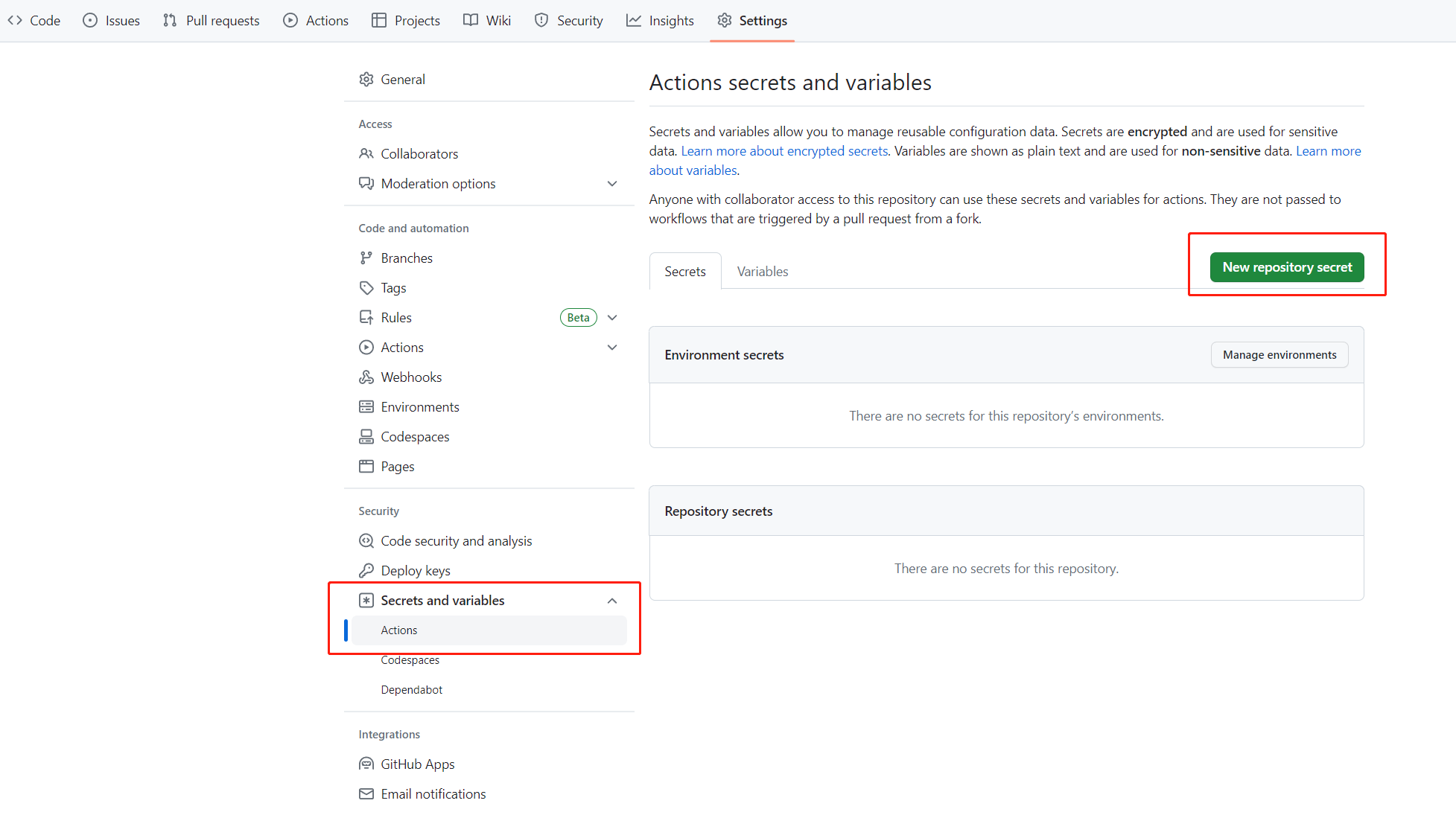 Screenshot of the GitHub Actions secrets and variables page with the New repository secret button highlighted.