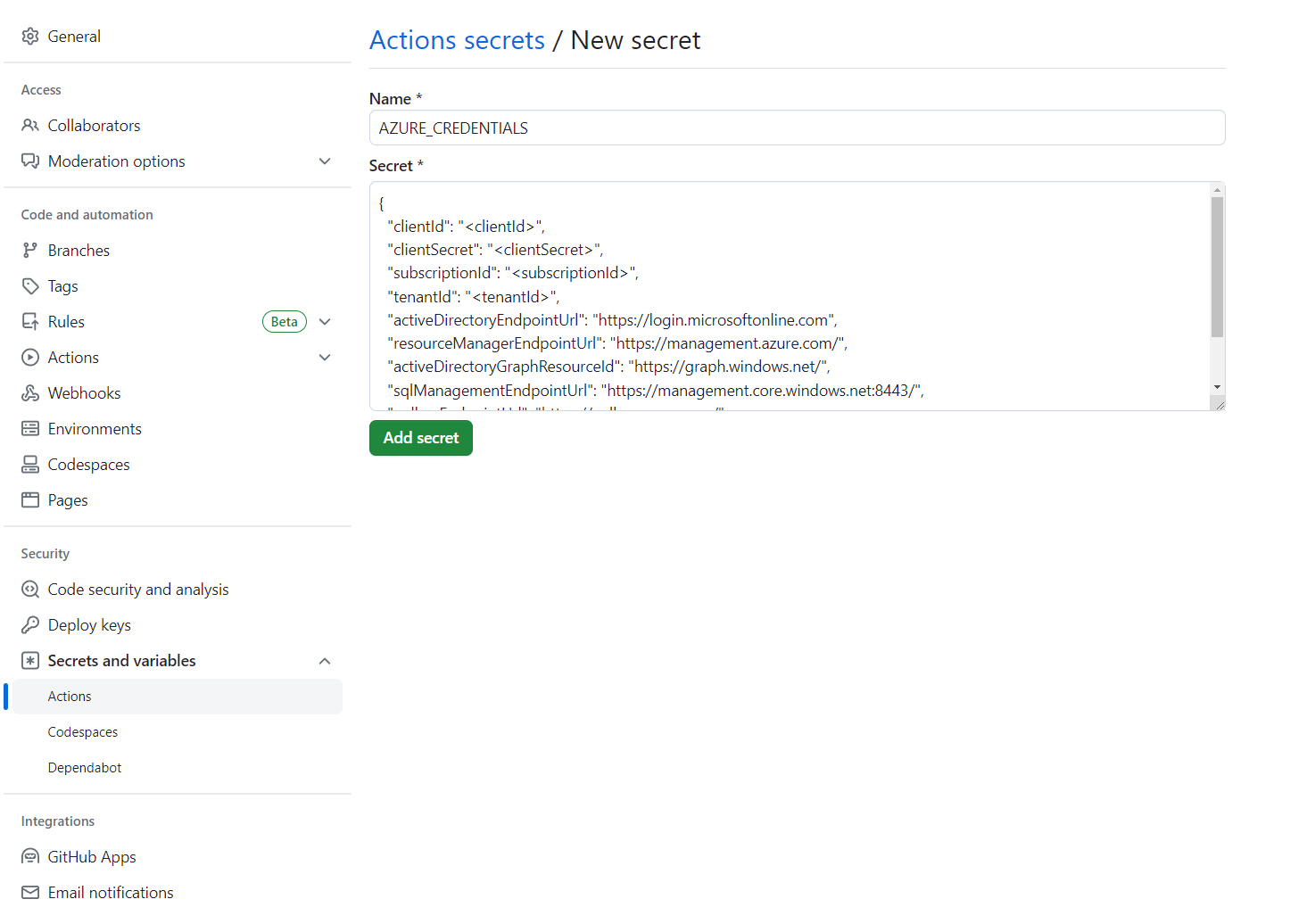 Screenshot of the GitHub Actions secrets / New secret page.